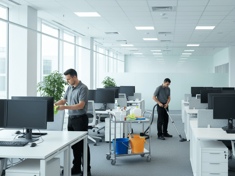 Professional cleaner wiping office desk